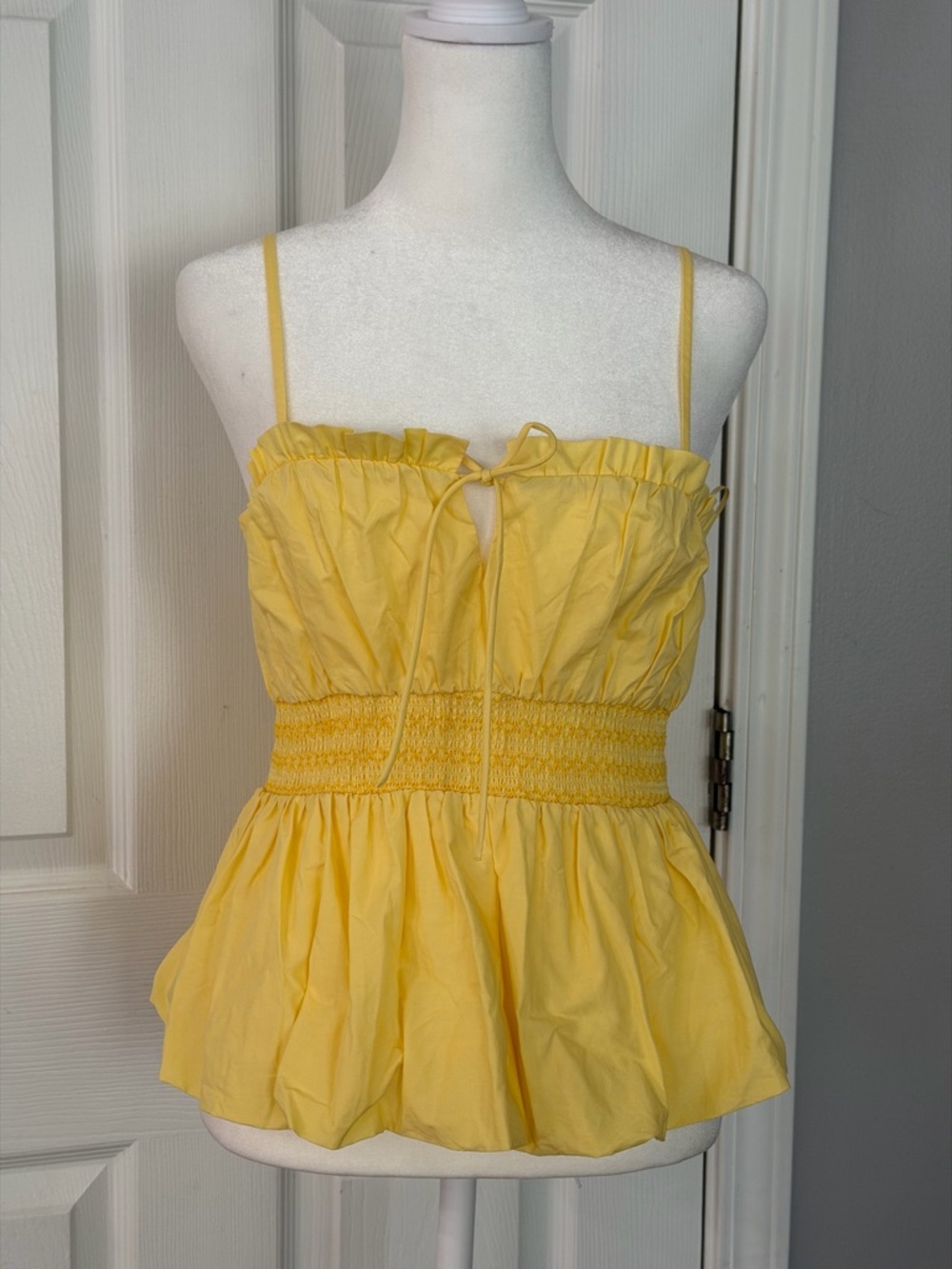 Astr Yellow Smocked Peplum Spaghetti-Strap Camisole Size Small